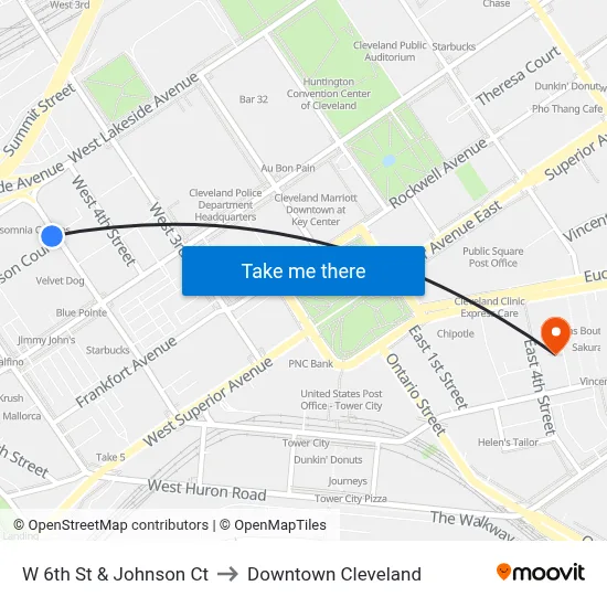 W 6th St & Johnson Ct to Downtown Cleveland map