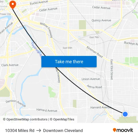 10304 Miles Rd to Downtown Cleveland map