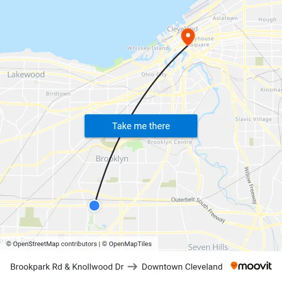 Brookpark Rd & Knollwood Dr to Downtown Cleveland map