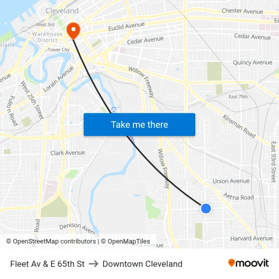 Fleet Av & E 65th St to Downtown Cleveland map