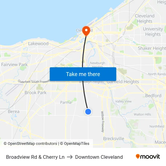 Broadview Rd & Cherry Ln to Downtown Cleveland map