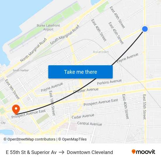 E 55th St & Superior Av to Downtown Cleveland map