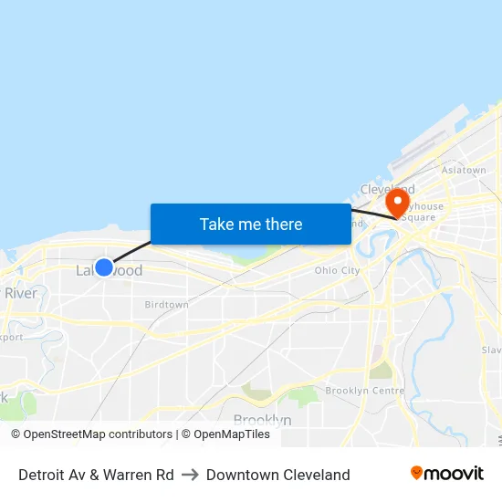 Detroit Av & Warren Rd to Downtown Cleveland map