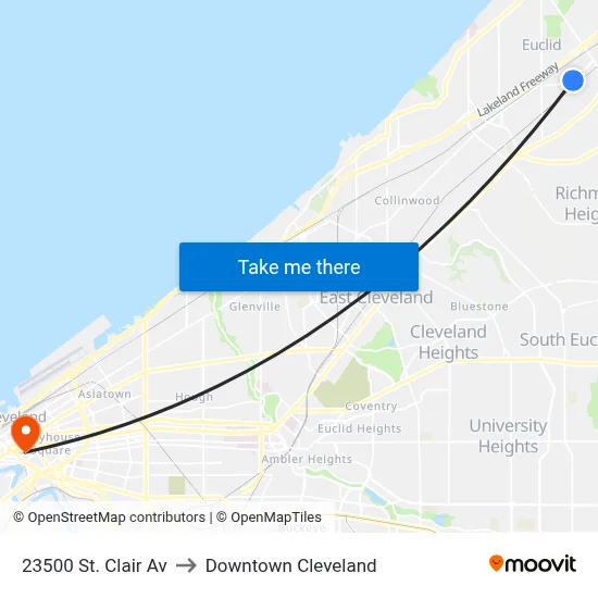 23500 St. Clair Av to Downtown Cleveland map