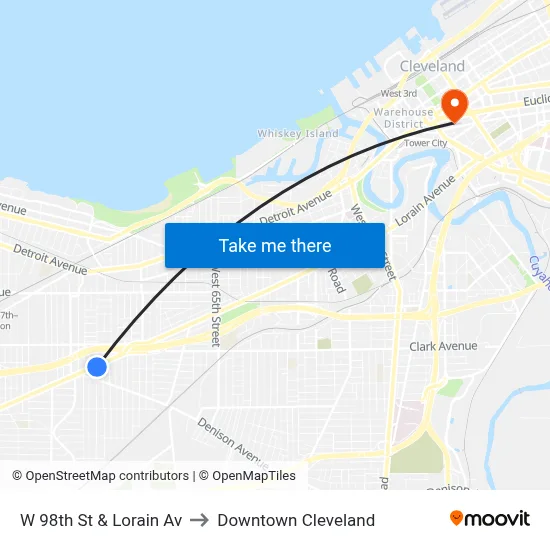 W 98th St & Lorain Av to Downtown Cleveland map