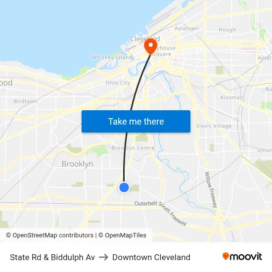 State Rd & Biddulph Av to Downtown Cleveland map