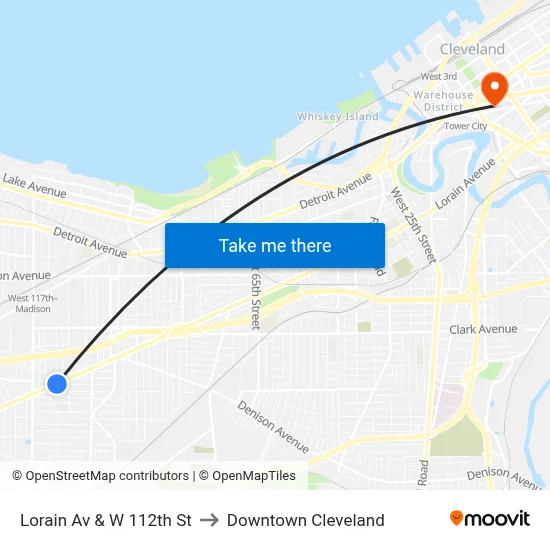 Lorain Av & W 112th St to Downtown Cleveland map