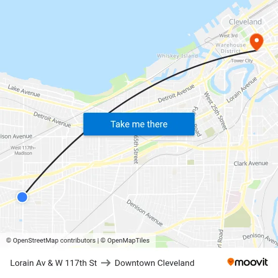 Lorain Av & W 117th St to Downtown Cleveland map