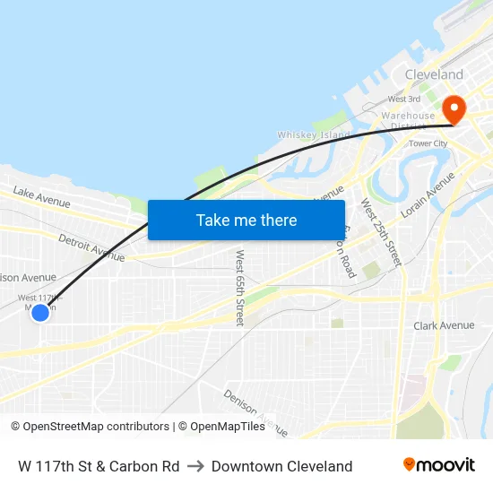 W 117th St & Carbon Rd to Downtown Cleveland map