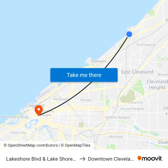 Lakeshore Blvd & Lake Shore Dr to Downtown Cleveland map
