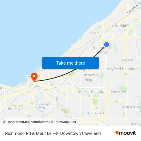 Richmond Rd & Merit Dr to Downtown Cleveland map