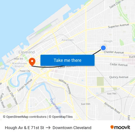 Hough Av & E 71st St to Downtown Cleveland map
