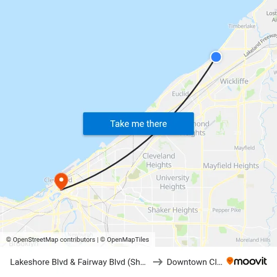 Lakeshore Blvd & Fairway Blvd (Shoregate Main Ent) to Downtown Cleveland map
