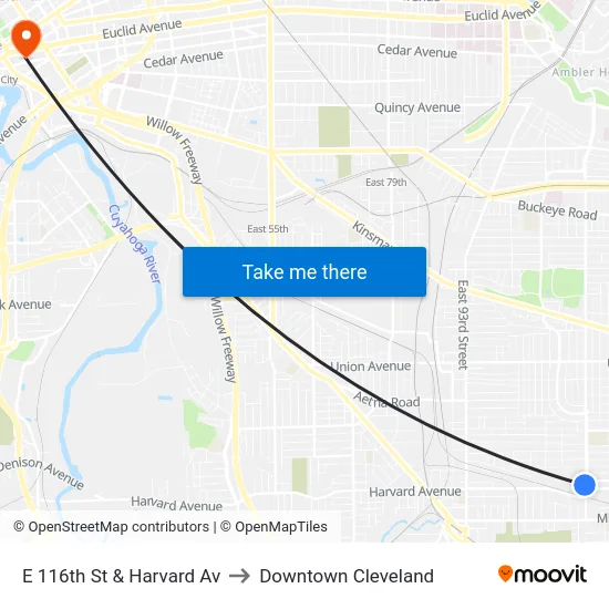 E 116th St & Harvard Av to Downtown Cleveland map