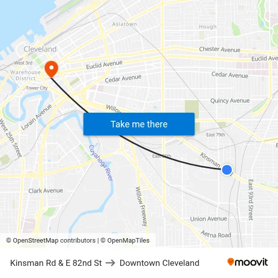 Kinsman Rd & E 82nd St to Downtown Cleveland map
