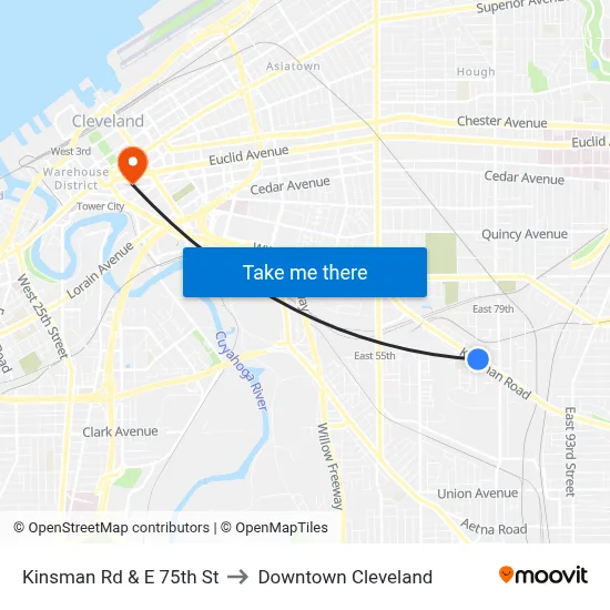 Kinsman Rd & E 75th St to Downtown Cleveland map