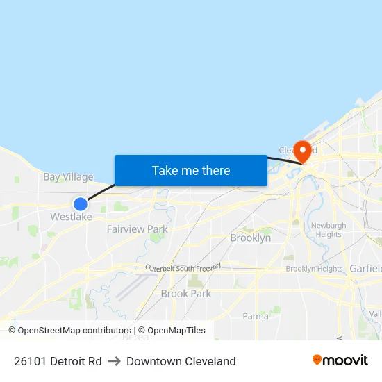 26101 Detroit Rd to Downtown Cleveland map