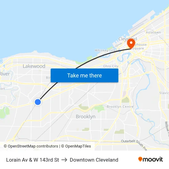 Lorain Av & W 143rd St to Downtown Cleveland map