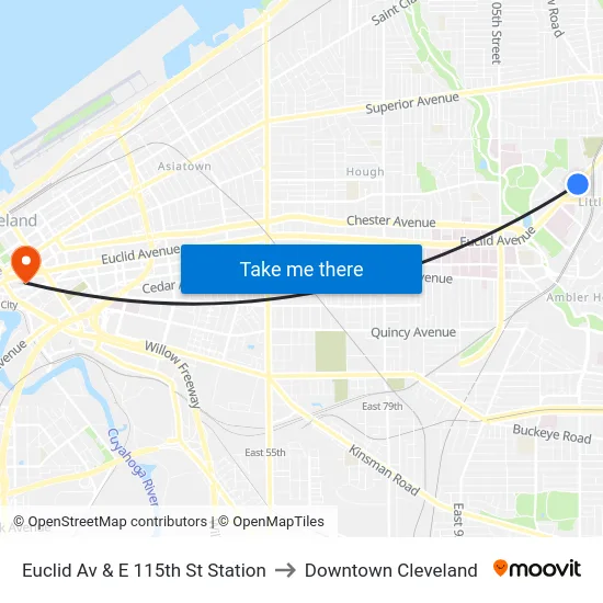 Euclid Av & E 115th St Station to Downtown Cleveland map
