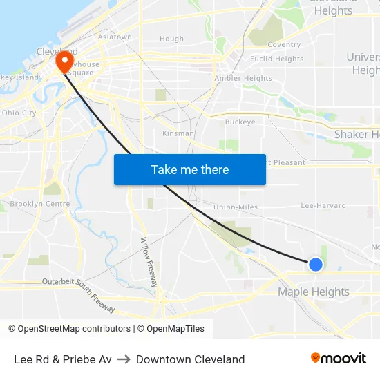 Lee Rd & Priebe Av to Downtown Cleveland map