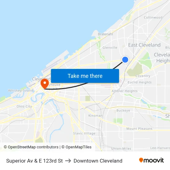 Superior Av & E 123rd St to Downtown Cleveland map