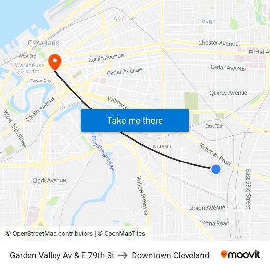 Garden Valley Av & E 79th St to Downtown Cleveland map