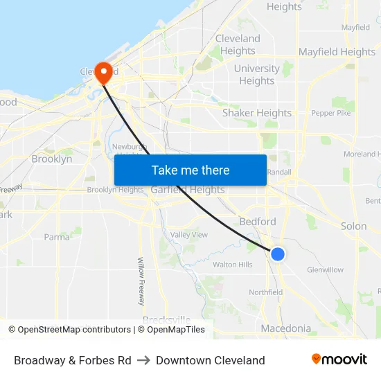 Broadway & Forbes Rd to Downtown Cleveland map