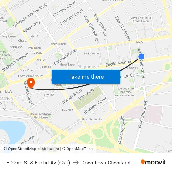 E 22nd St & Euclid Av (Csu) to Downtown Cleveland map