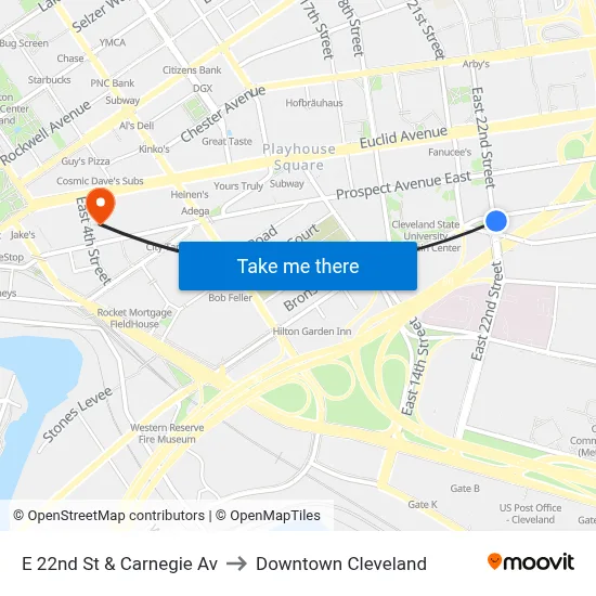 E 22nd St & Carnegie Av to Downtown Cleveland map