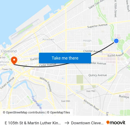 E 105th St & Martin Luther King Jr Dr to Downtown Cleveland map