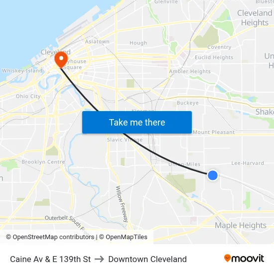 Caine Av & E 139th St to Downtown Cleveland map