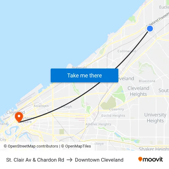St. Clair Av & Chardon Rd to Downtown Cleveland map