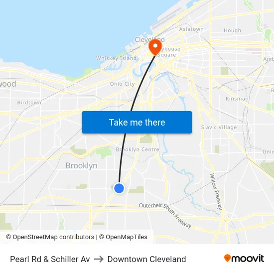 Pearl Rd & Schiller Av to Downtown Cleveland map