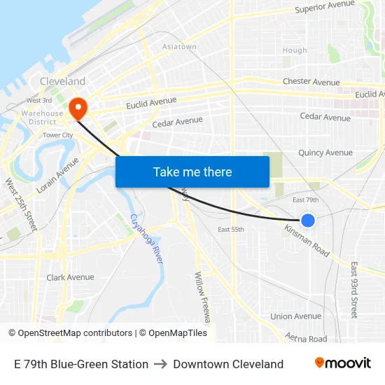 E 79th Blue-Green Station to Downtown Cleveland map