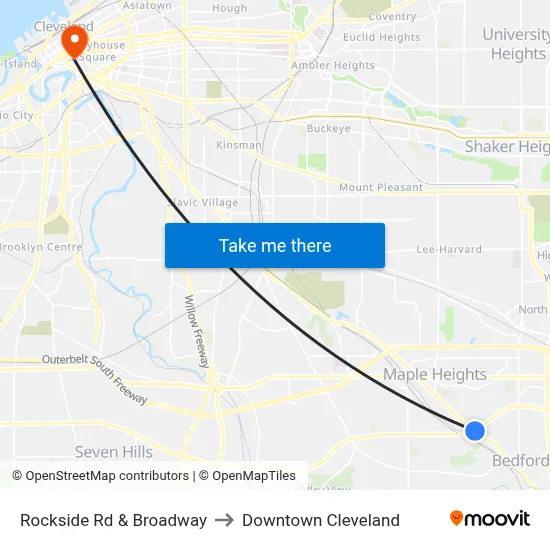 Rockside Rd & Broadway to Downtown Cleveland map