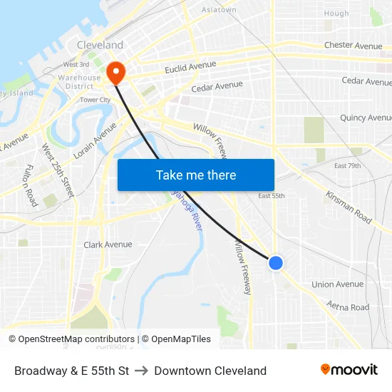 Broadway & E 55th St to Downtown Cleveland map