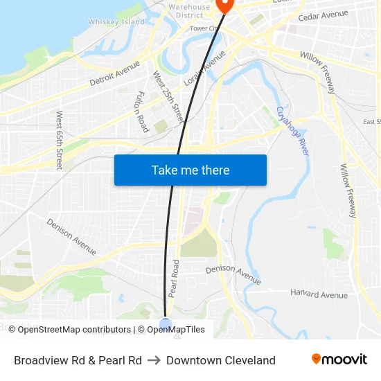 Broadview Rd & Pearl Rd to Downtown Cleveland map