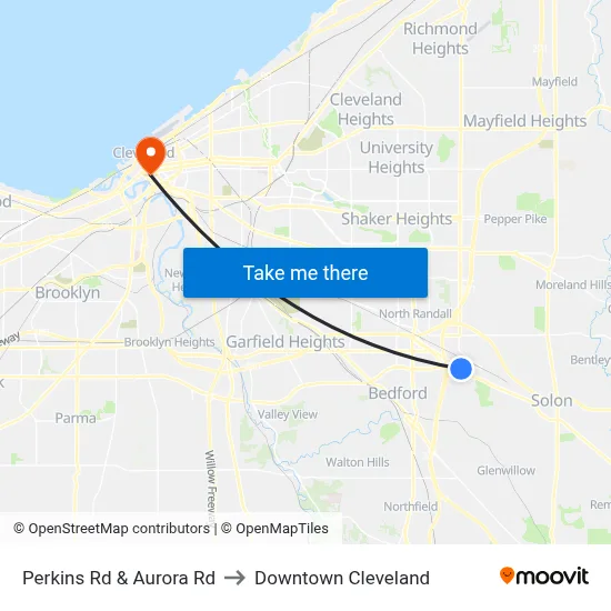 Perkins Rd & Aurora Rd to Downtown Cleveland map