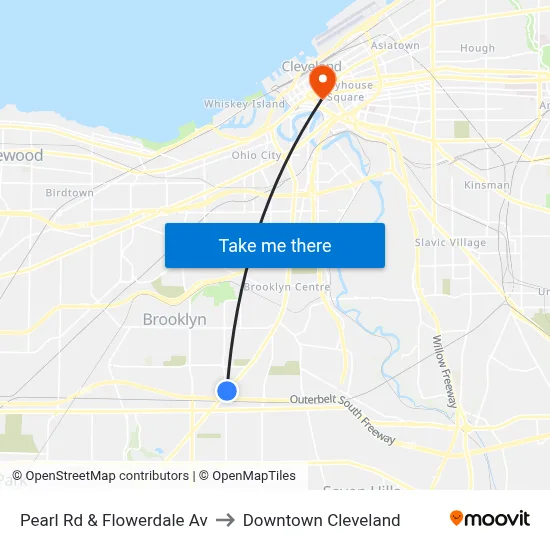 Pearl Rd & Flowerdale Av to Downtown Cleveland map