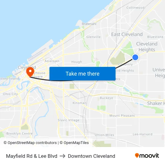Mayfield Rd & Lee Blvd to Downtown Cleveland map