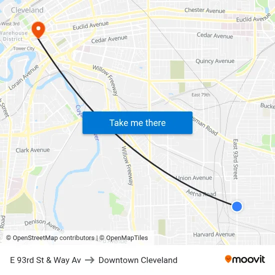 E 93rd St & Way Av to Downtown Cleveland map