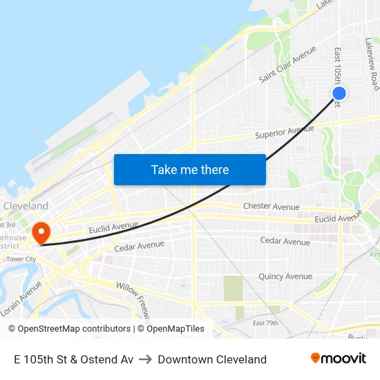 E 105th St & Ostend Av to Downtown Cleveland map