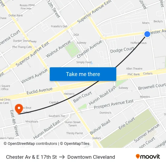 Chester Av & E 17th St to Downtown Cleveland map