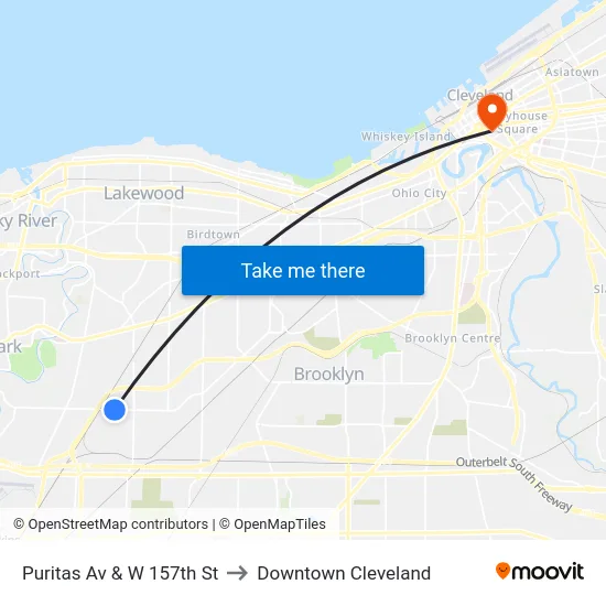 Puritas Av & W 157th St to Downtown Cleveland map