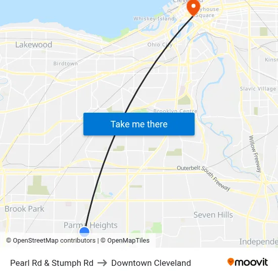 Pearl Rd & Stumph Rd to Downtown Cleveland map