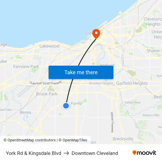 York Rd & Kingsdale Blvd to Downtown Cleveland map