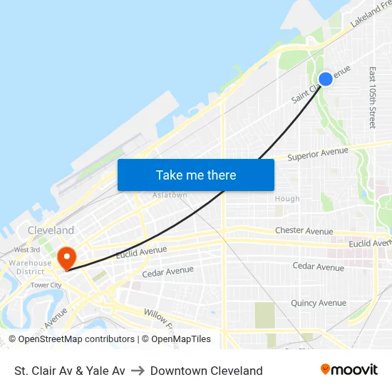 St. Clair Av & Yale Av to Downtown Cleveland map