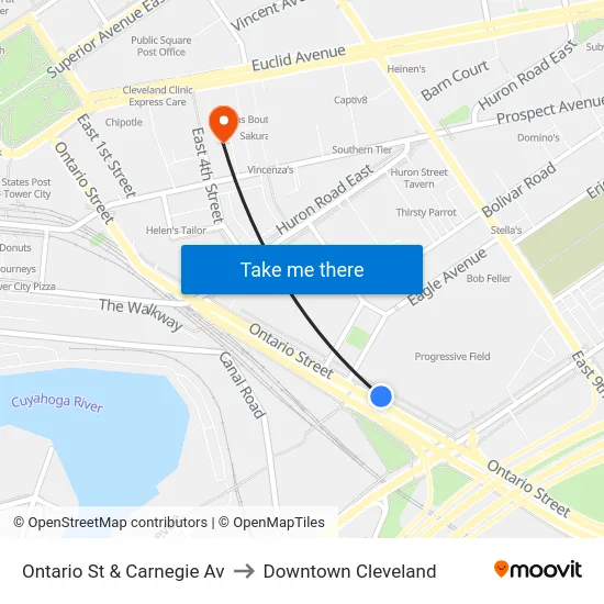 Ontario St & Carnegie Av to Downtown Cleveland map
