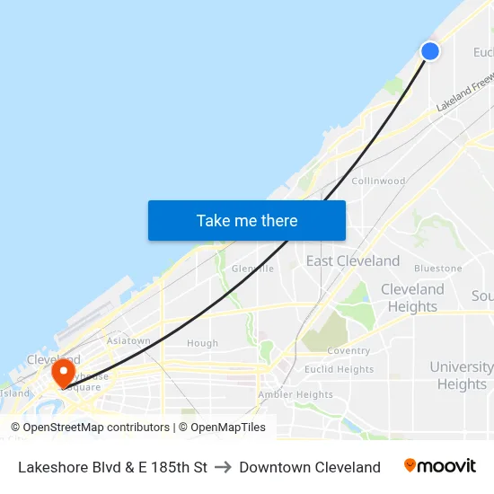 Lakeshore Blvd & E 185th St to Downtown Cleveland map