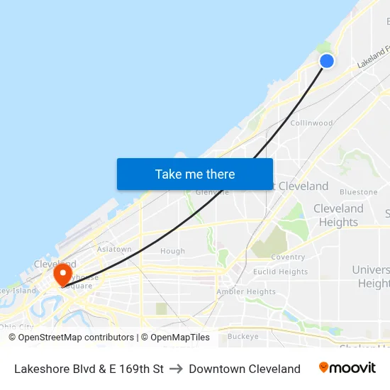 Lakeshore Blvd & E 169th St to Downtown Cleveland map